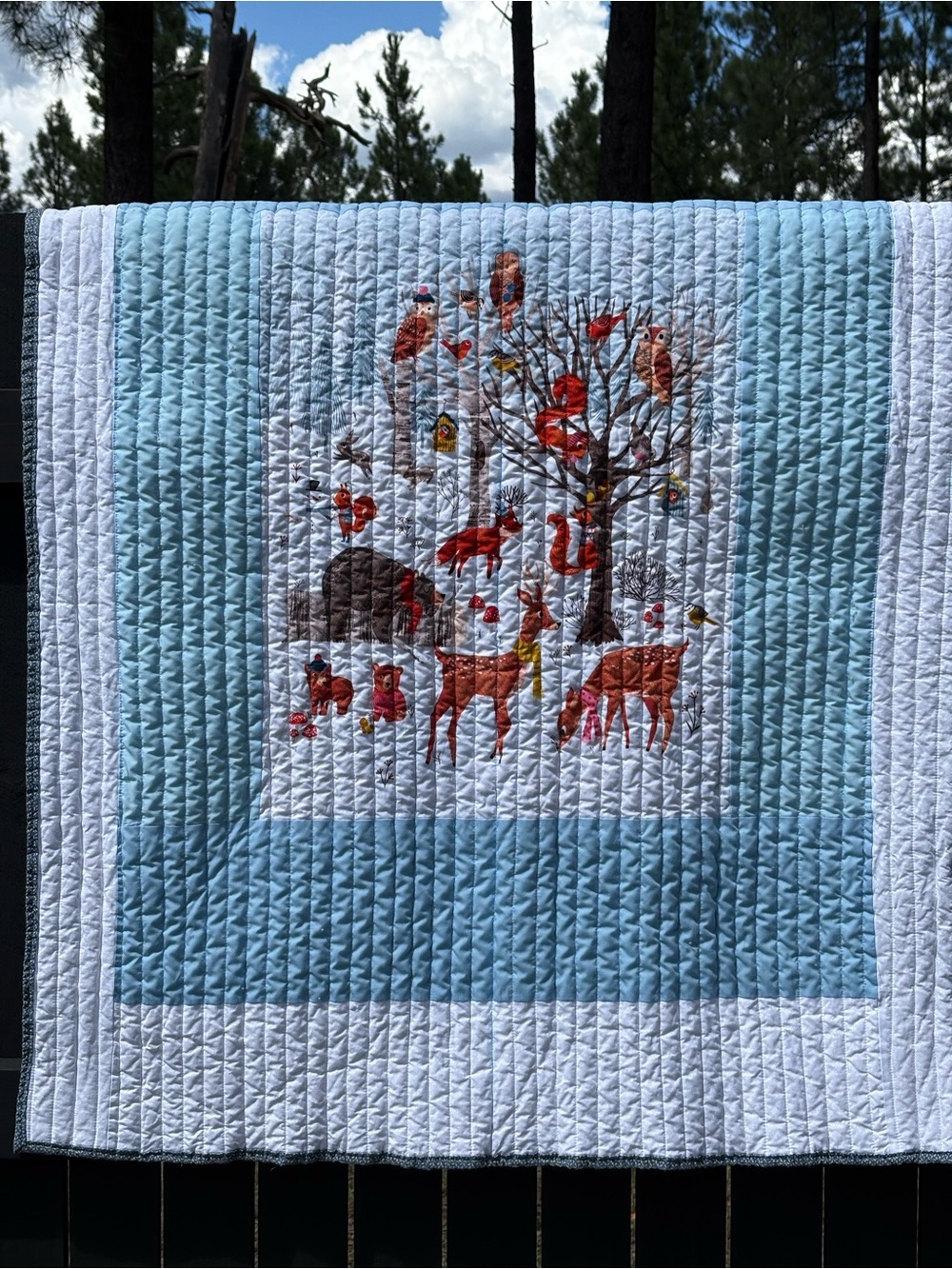 Handmade Blue & White Woodland Animals Quilted/made from a panel, whimsical - Picture 3 of 8